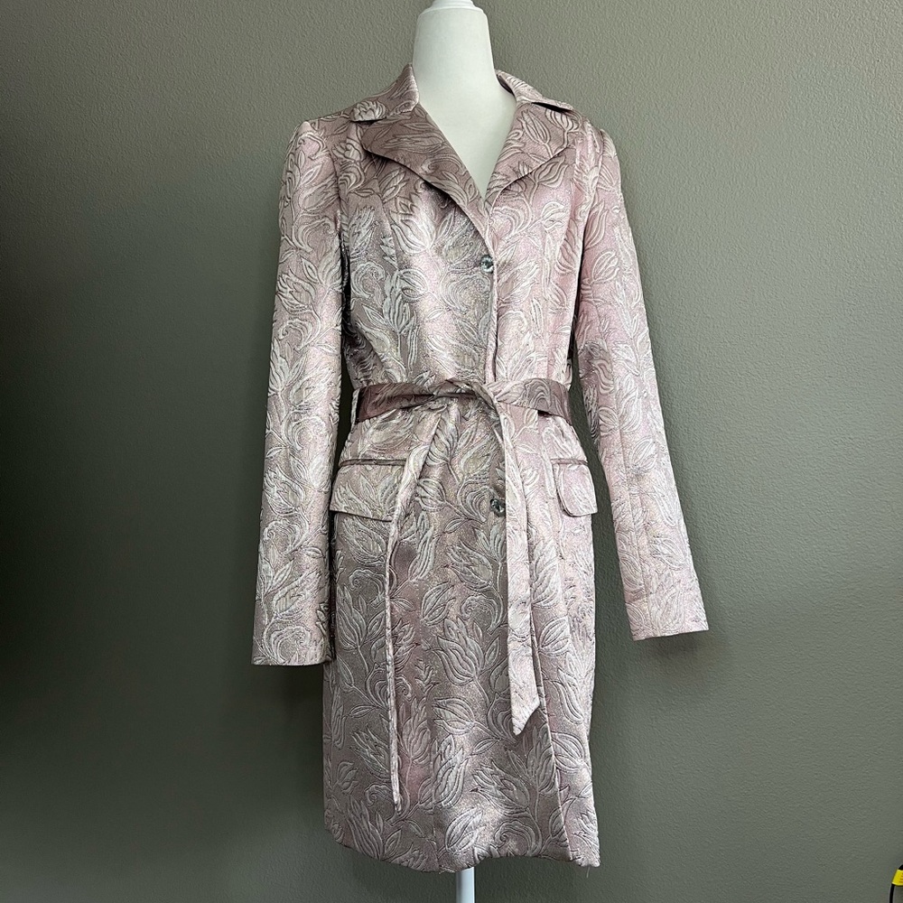 Marciano Jacquard Belted Trench Coat in Pink and Cream Size Medium Metallic